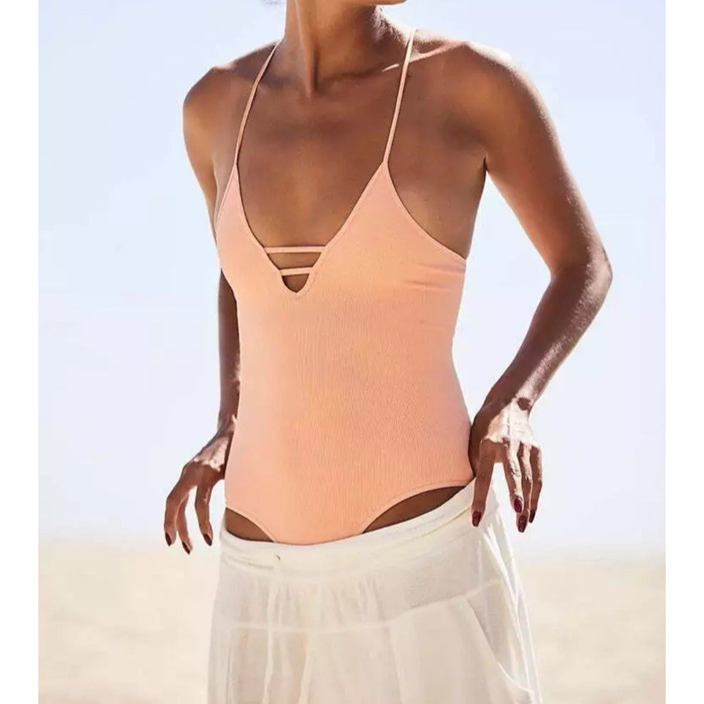 Free People Movement Dance All Day Body Suit‎ Peach Strappy Front Bodysuit XS/S - Picture 3 of 5